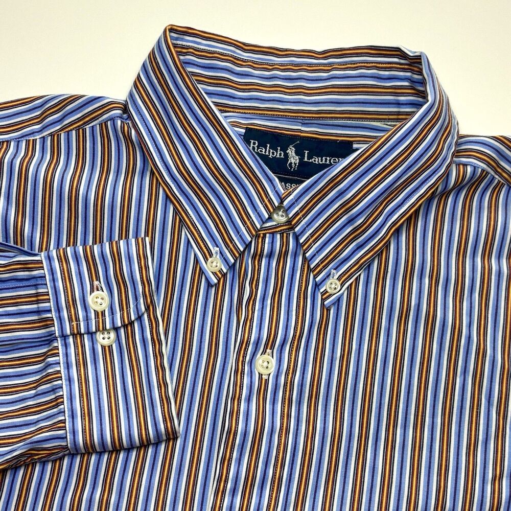 Ralph Lauren Classic Fit Shirt Mens L Orange Blue Stripe Long Sleeve Button Down